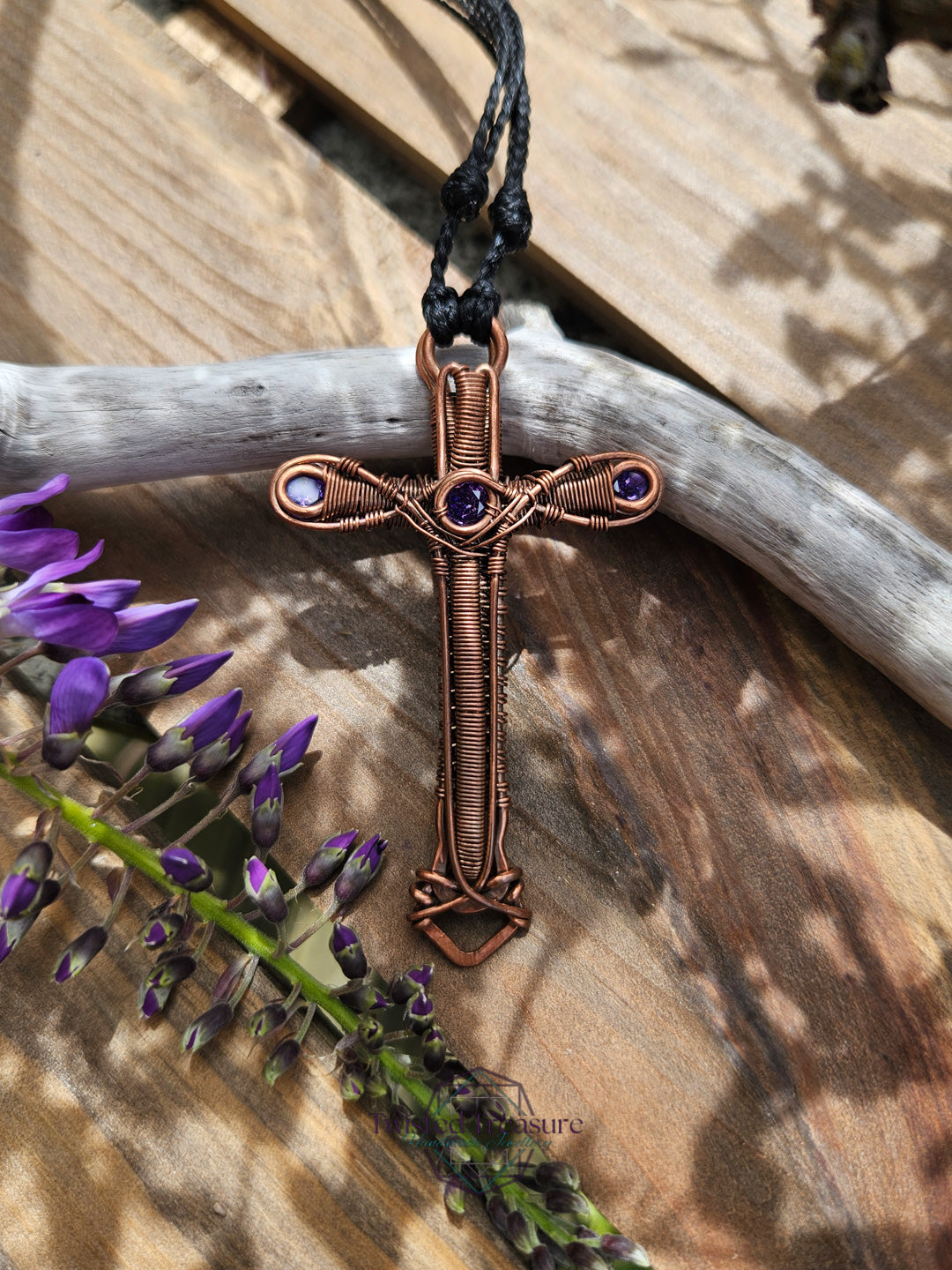 Purple Cubic Zirconia & Copper Cross Necklace