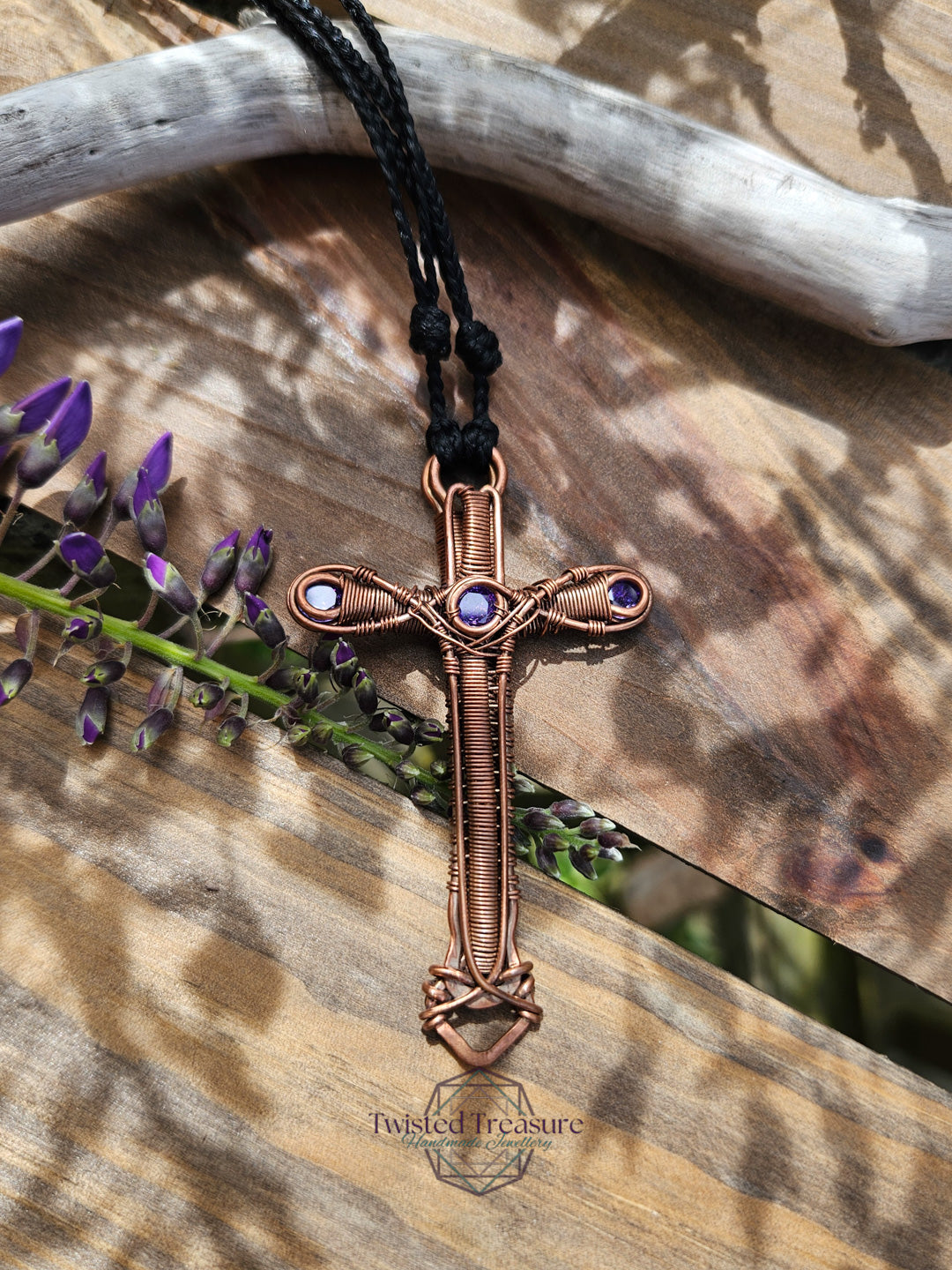 Purple Cubic Zirconia & Copper Cross Necklace