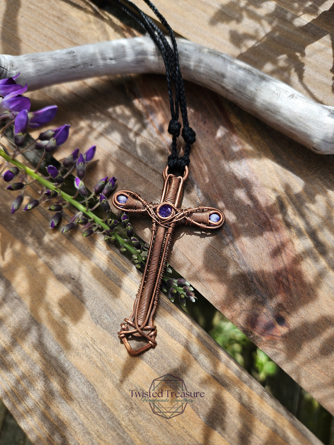 Purple Cubic Zirconia & Copper Cross Necklace