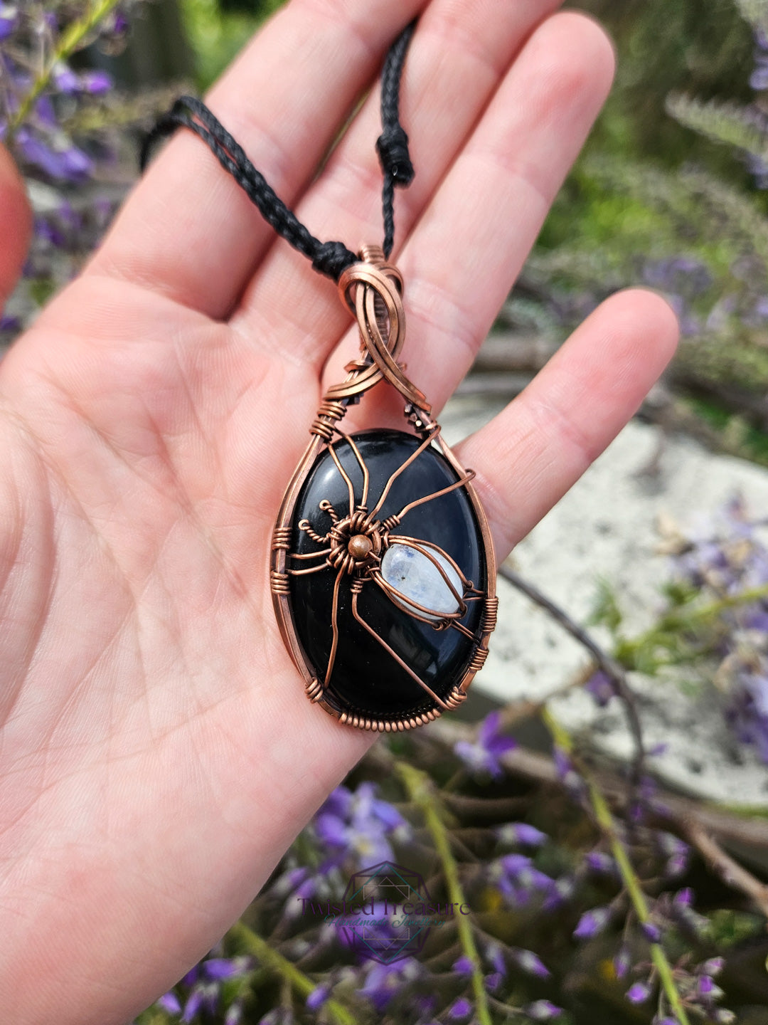 Obsidian, Moonstone and Copper Spider Necklace