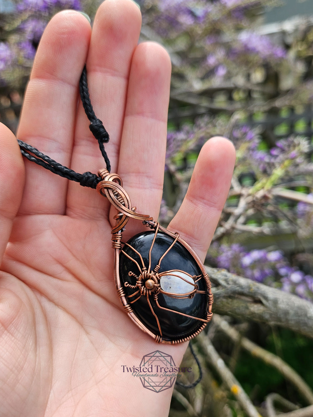 Obsidian, Moonstone and Copper Spider Necklace