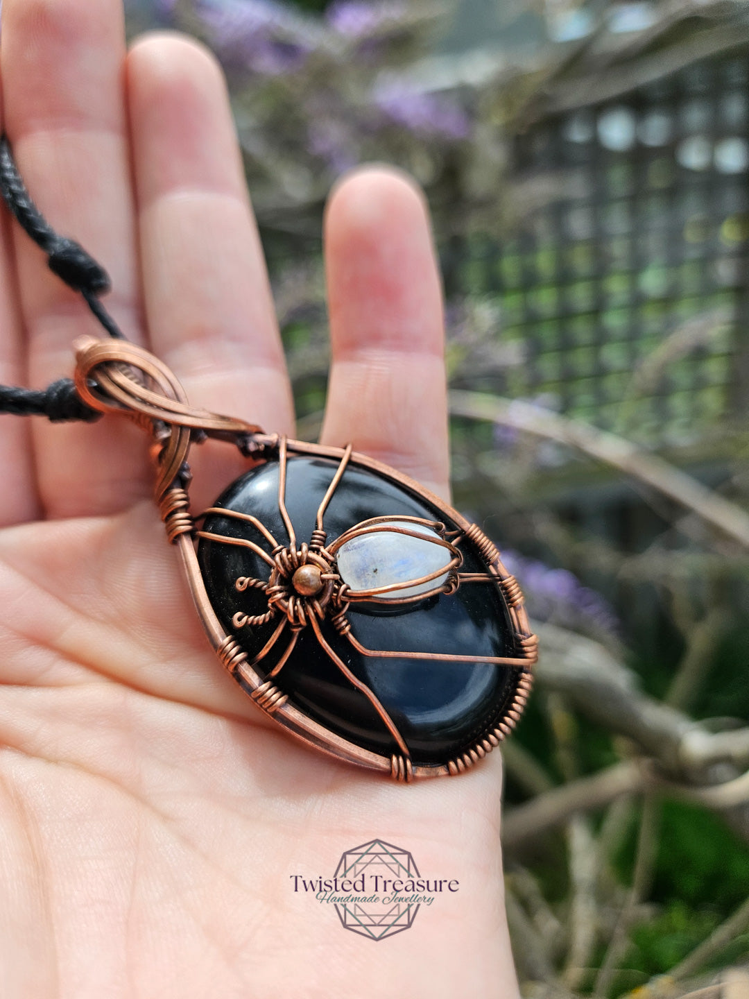Obsidian, Moonstone and Copper Spider Necklace