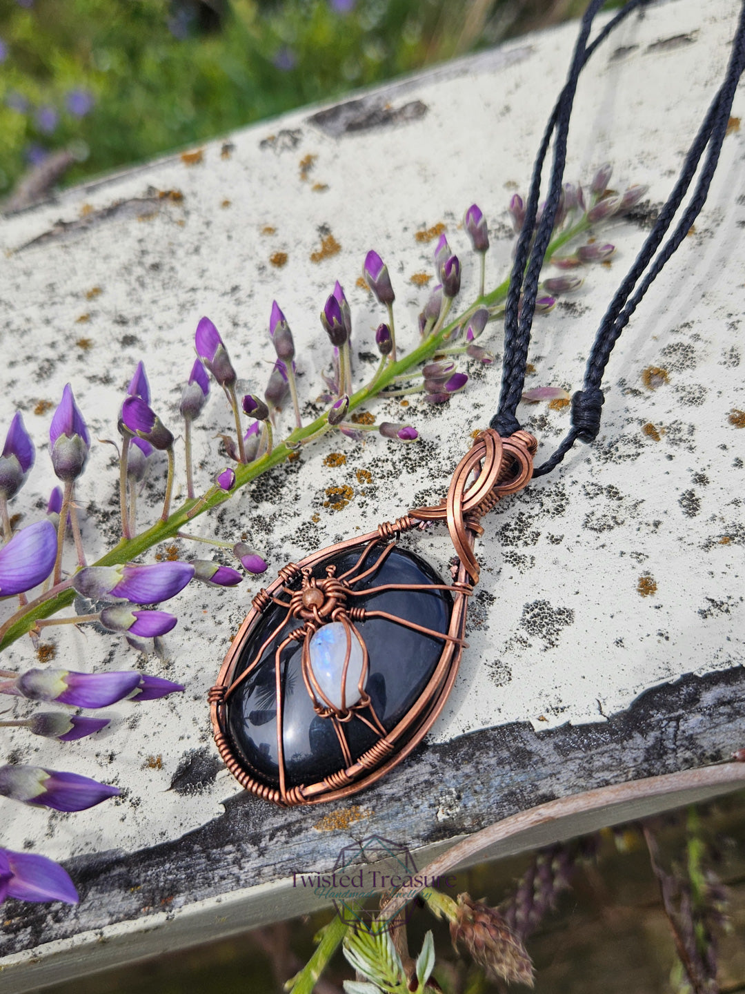 Obsidian, Moonstone and Copper Spider Necklace