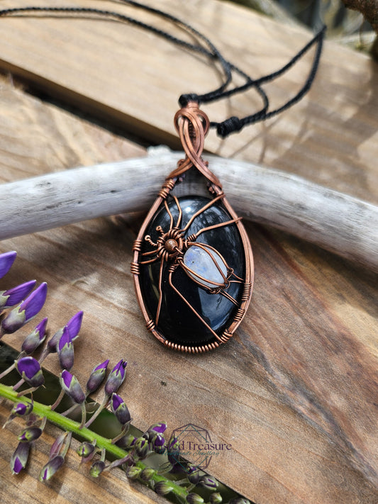 Obsidian, Moonstone and Copper Spider Necklace