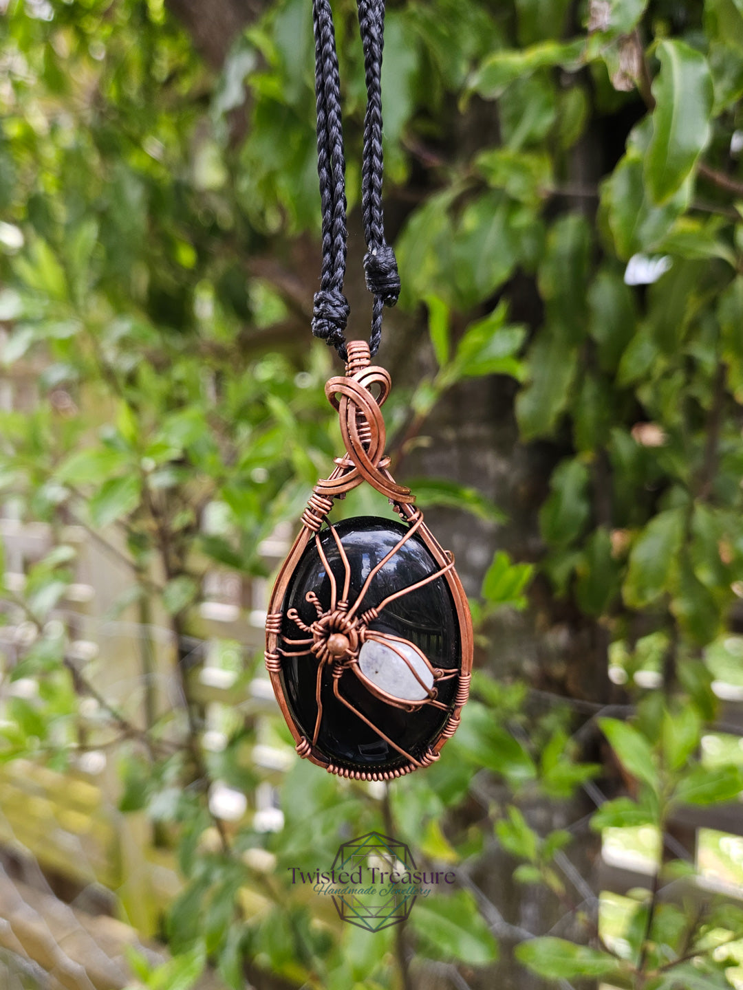 Obsidian, Moonstone and Copper Spider Necklace