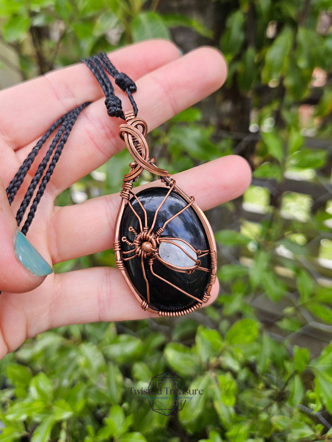 Obsidian, Moonstone and Copper Spider Necklace