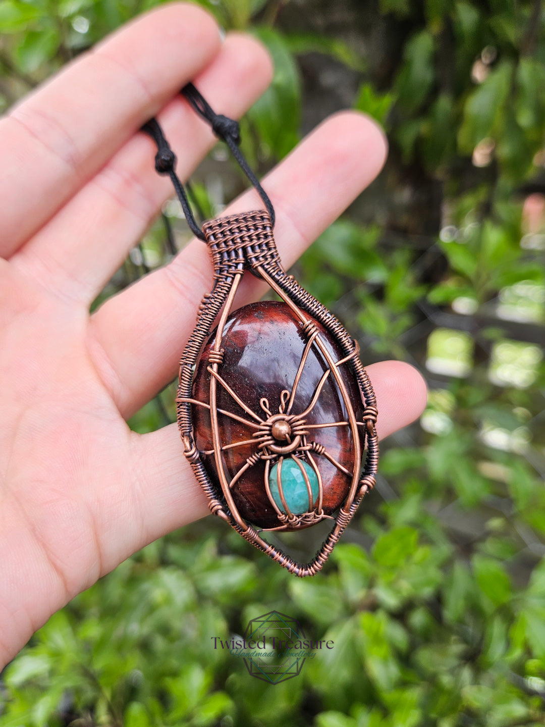 Red Tigers Eye, Emerald and Copper Spider Necklace
