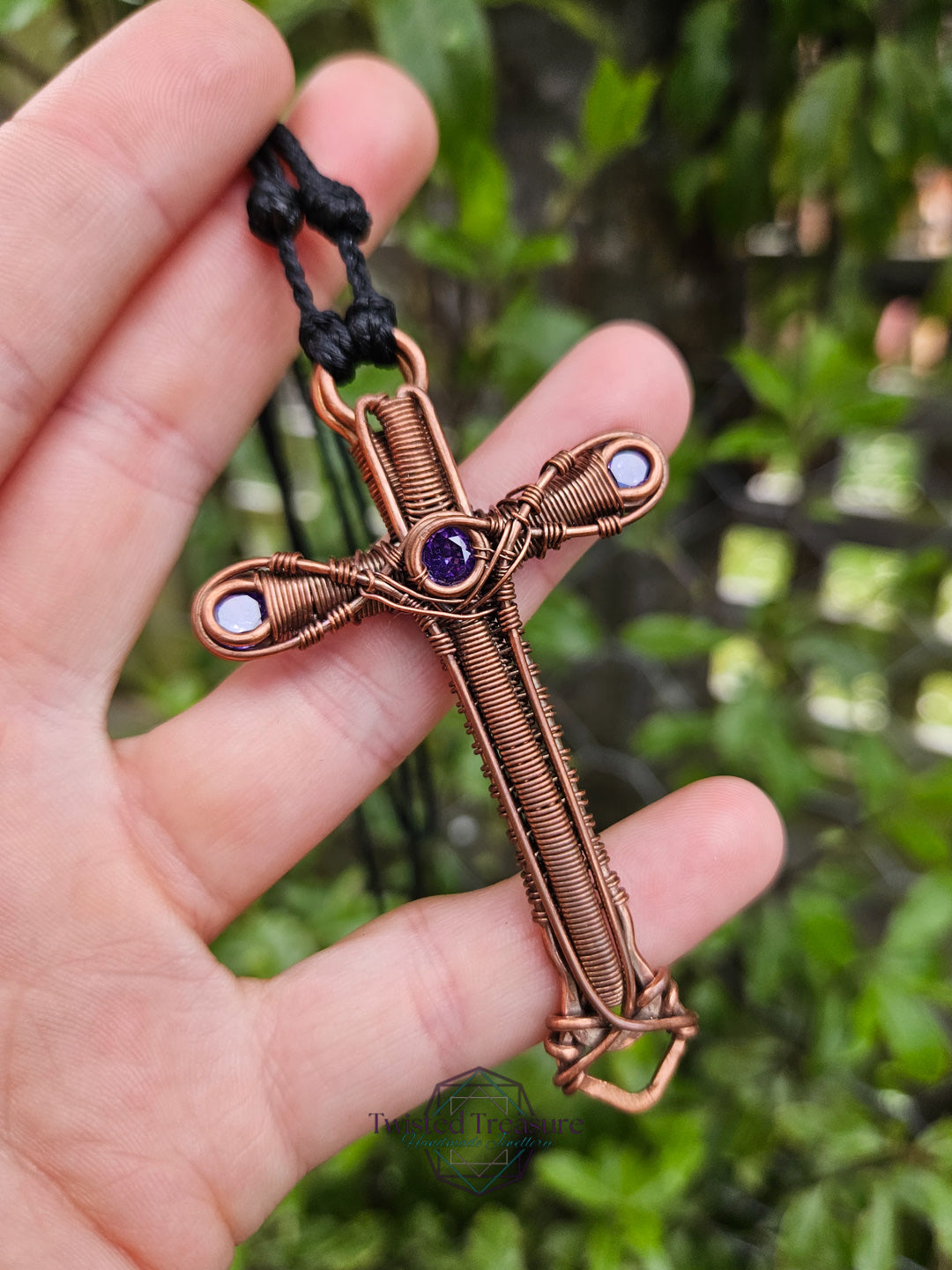 Purple Cubic Zirconia & Copper Cross Necklace