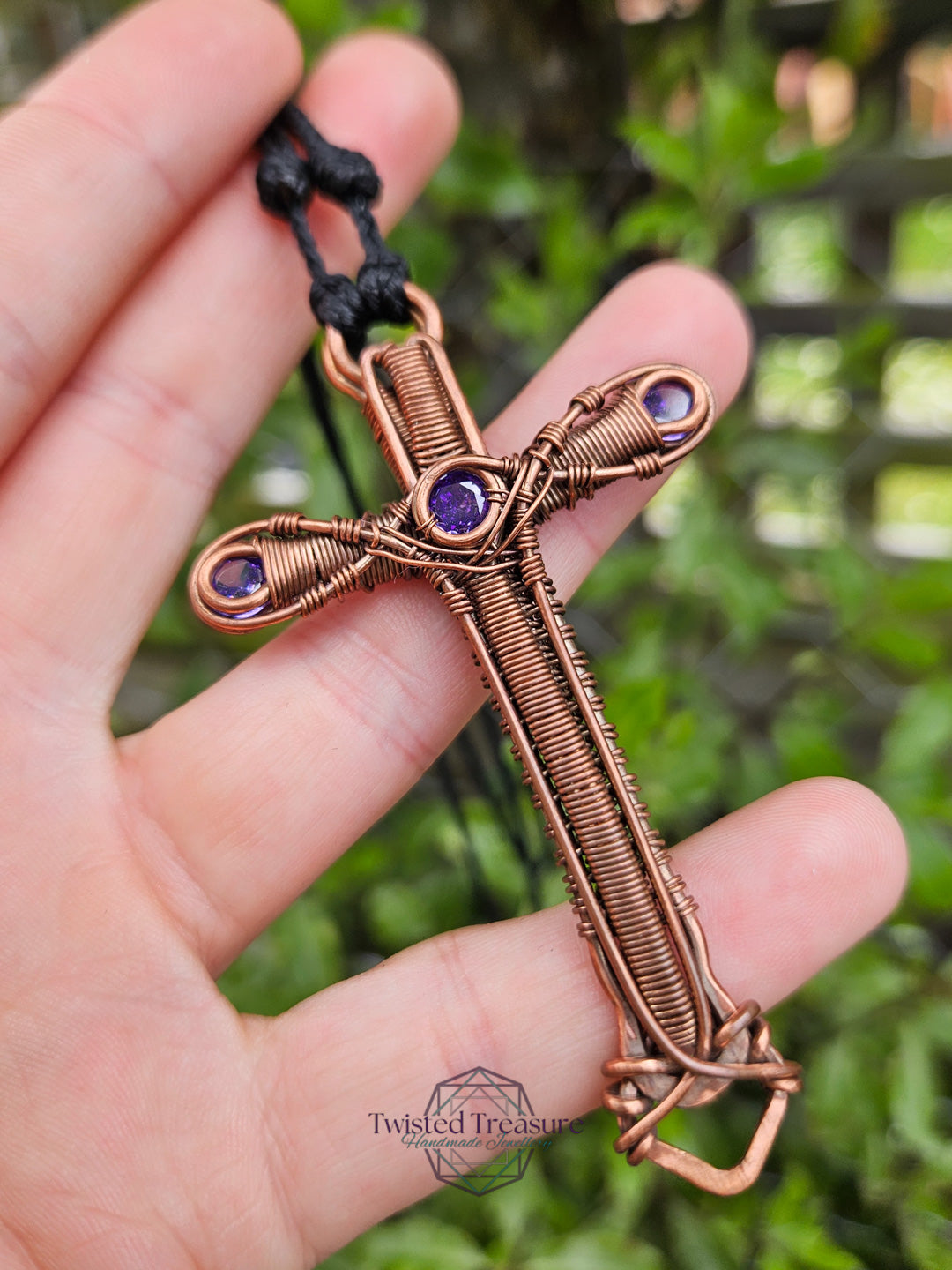 Purple Cubic Zirconia & Copper Cross Necklace