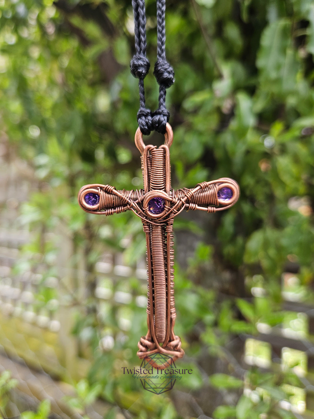 Purple Cubic Zirconia & Copper Cross Necklace
