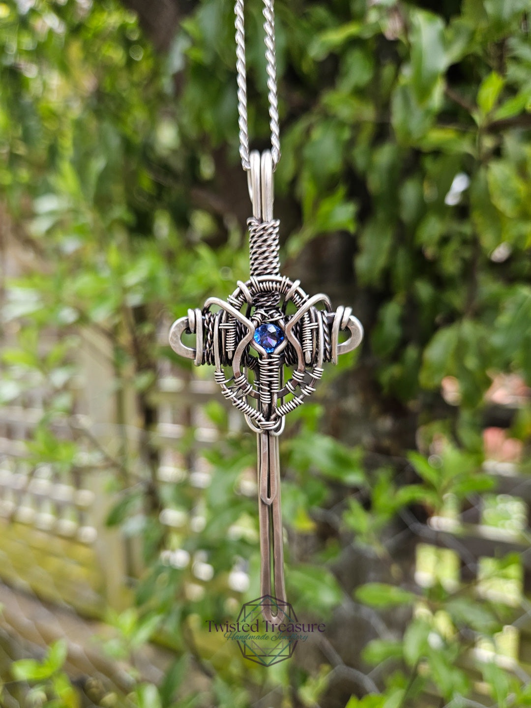 Blue Cubic Zirconia & Sterling Silver Sword Necklace