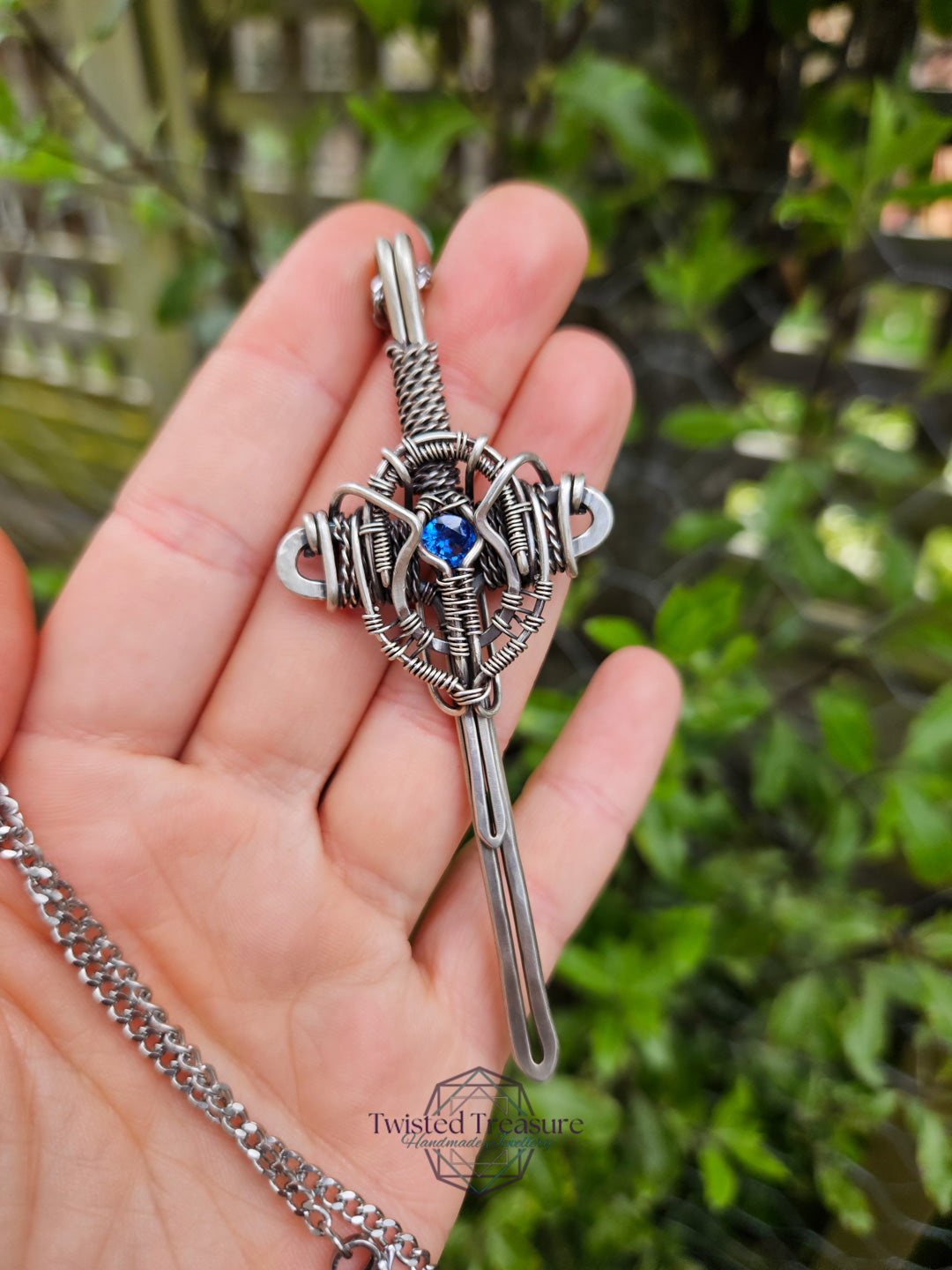 Blue Cubic Zirconia & Sterling Silver Sword Necklace