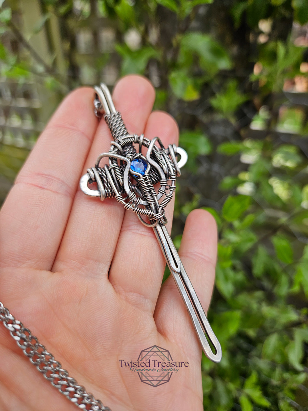 Blue Cubic Zirconia & Sterling Silver Sword Necklace