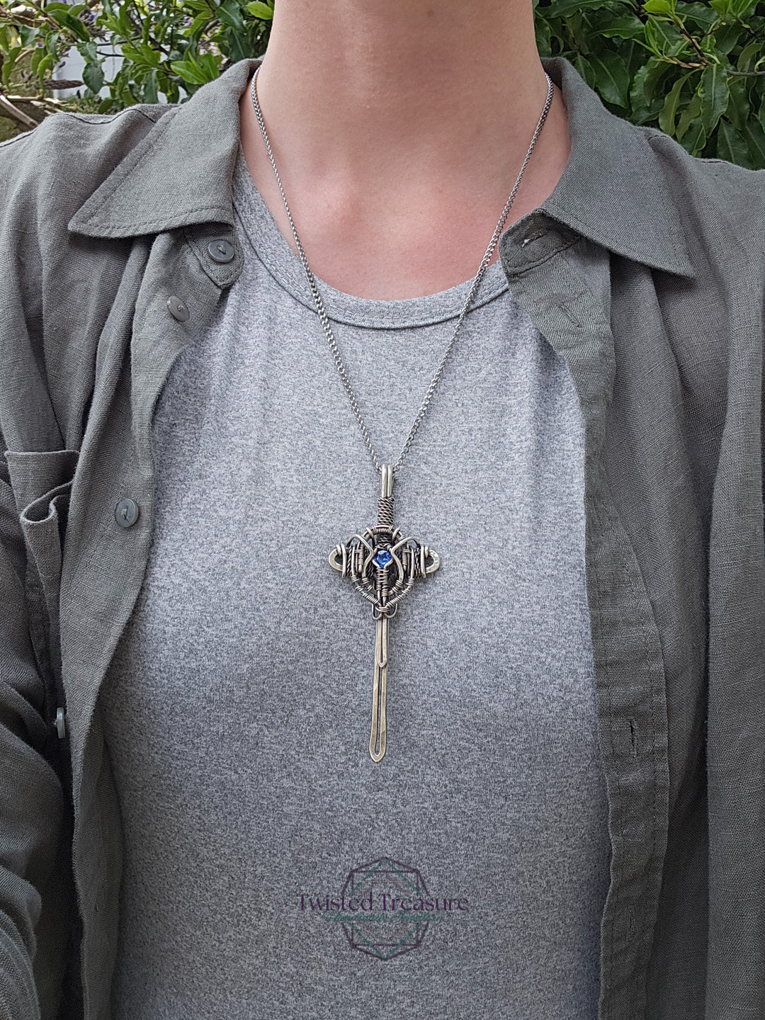 Blue Cubic Zirconia & Sterling Silver Sword Necklace