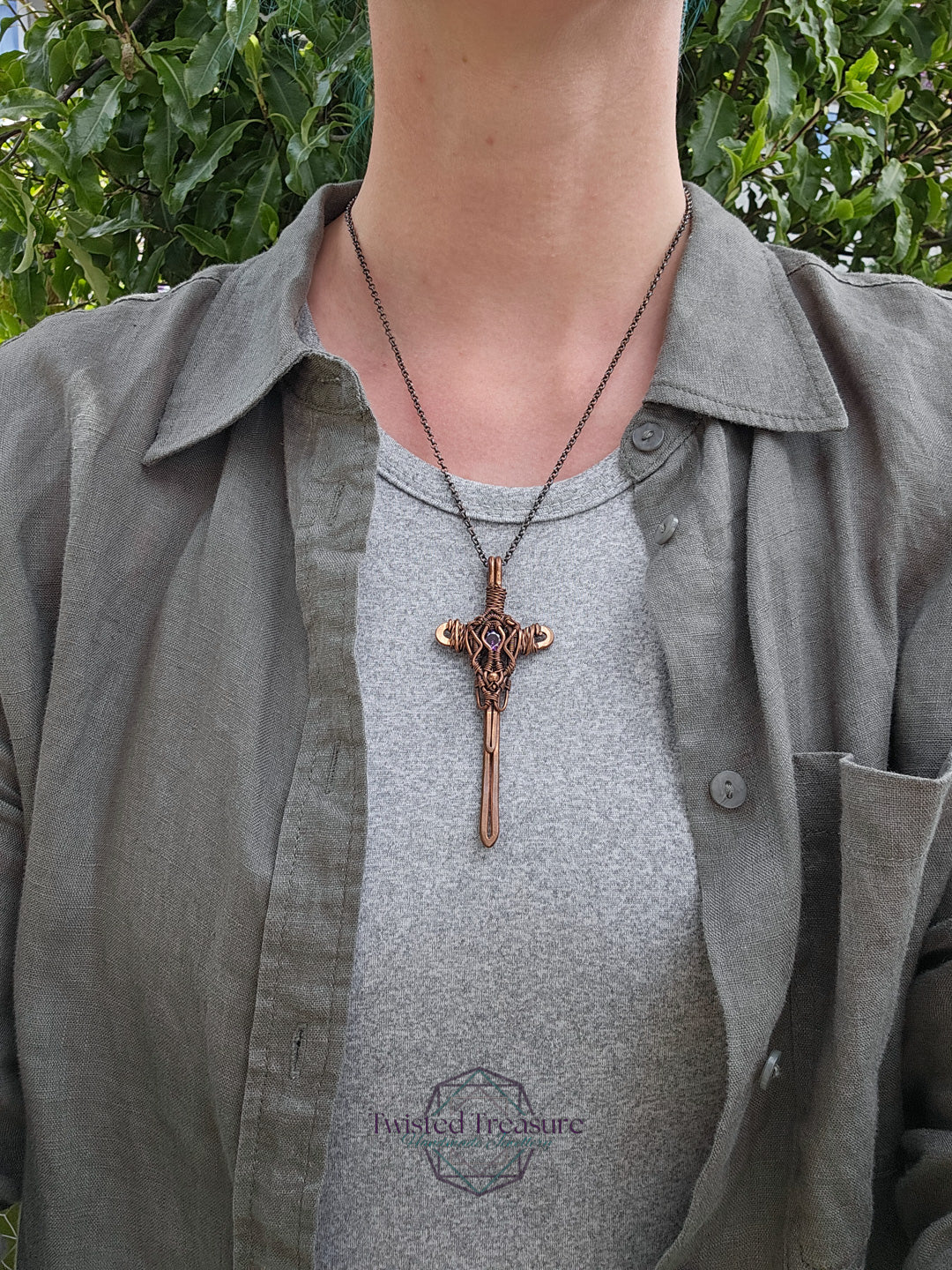 Purple Cubic Zirconia & Copper Sword Necklace