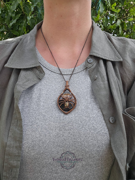 Fossilized Palm Root, Pyrite and Copper Spider Necklace