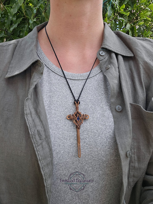 Blue Cubic Zirconia & Copper Sword Necklace