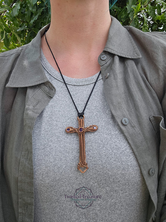 Purple Cubic Zirconia & Copper Cross Necklace