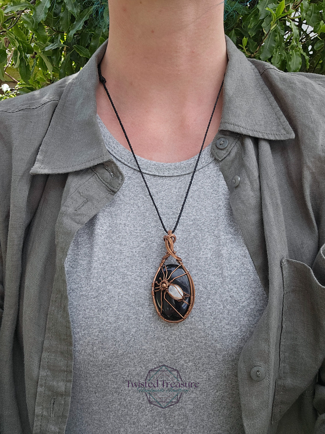 Obsidian, Moonstone and Copper Spider Necklace