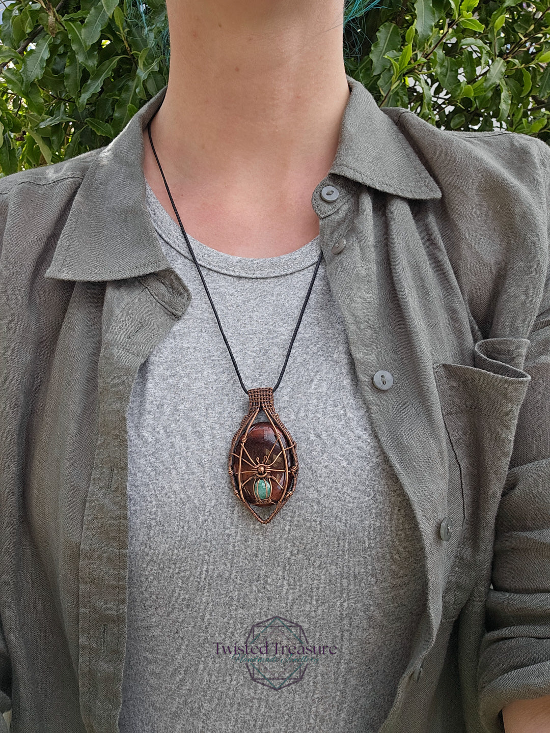 Red Tigers Eye, Emerald and Copper Spider Necklace