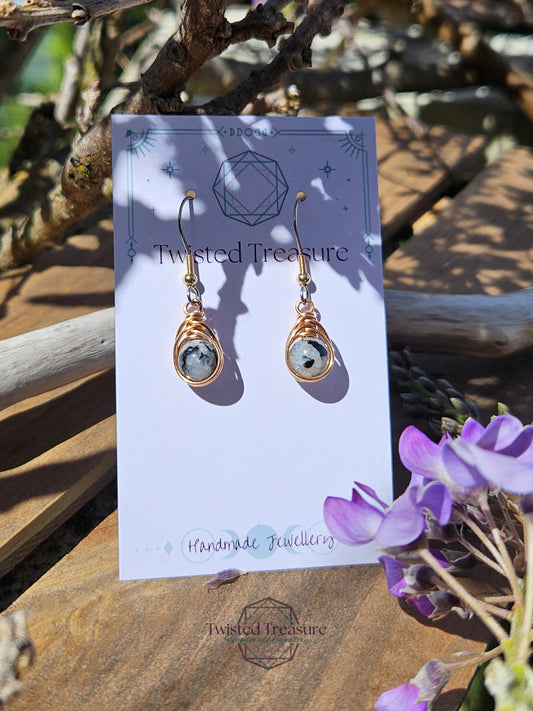 Bronze 'Dew Drop' Earrings - Moonstone with Black Tourmaline