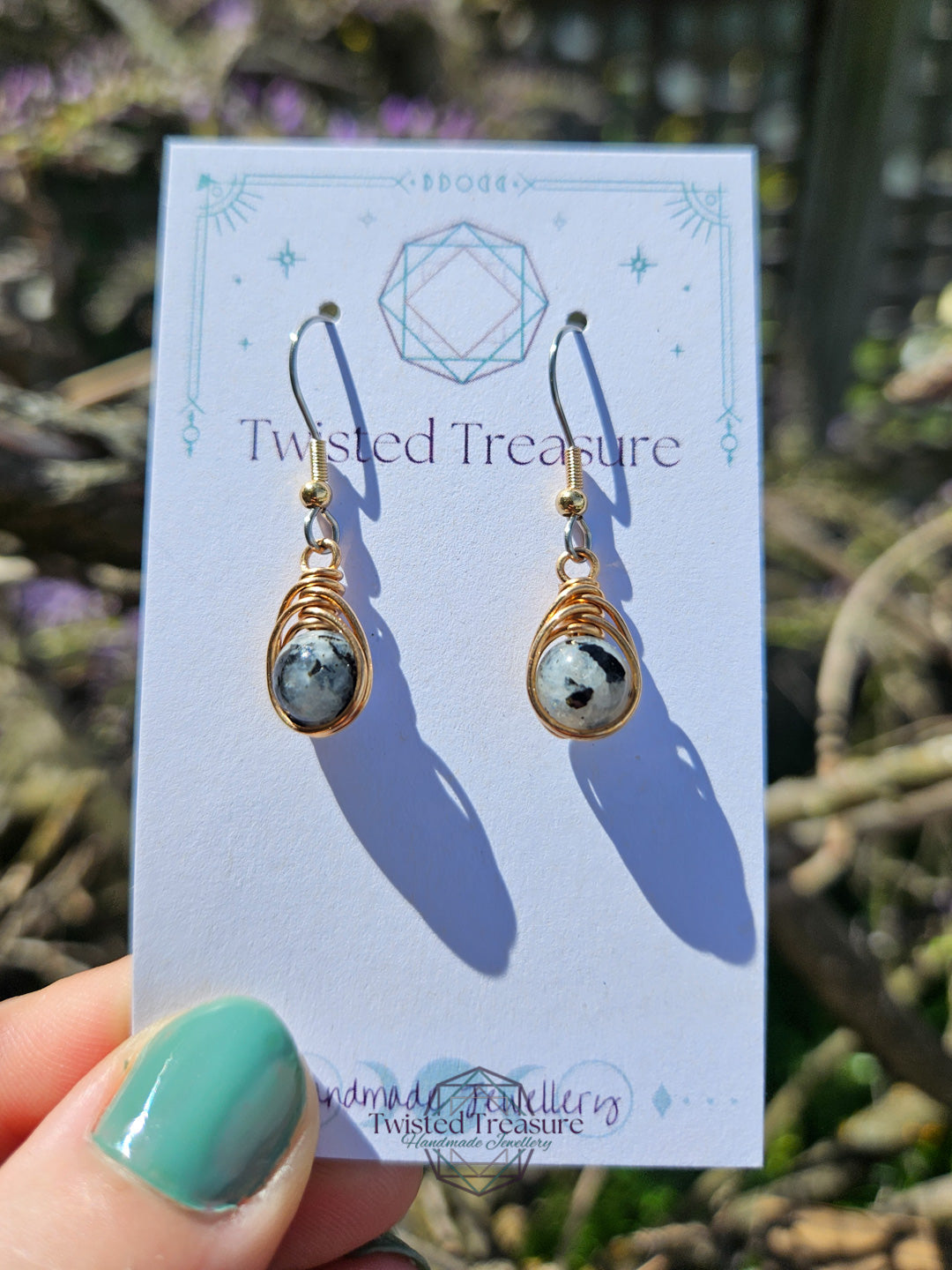 Bronze 'Dew Drop' Earrings - Moonstone with Black Tourmaline