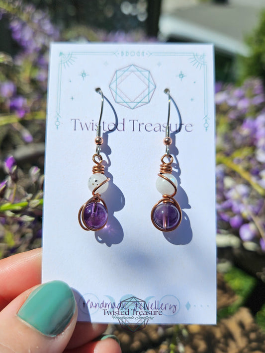 Copper 'Alchemy' Earrings - Moonstone & Amethyst