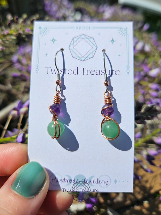 Copper 'Alchemy' Earrings - Amethyst & Green Aventurine