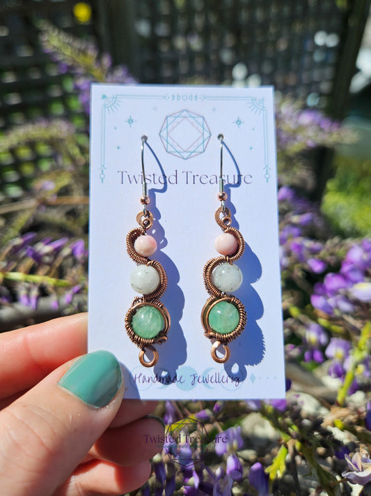 Copper 'Meander' Earrings - Pink Opal