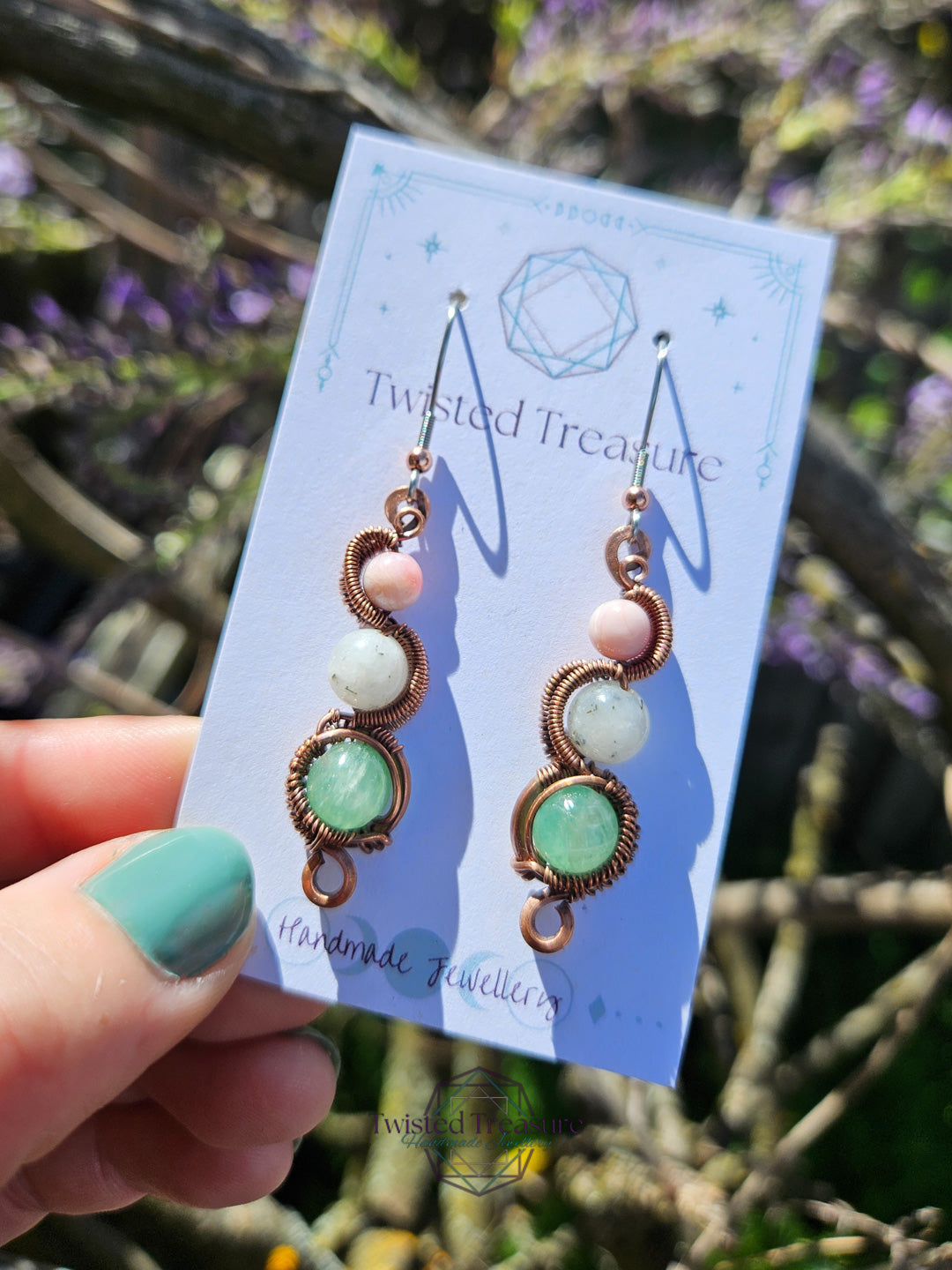 Copper 'Meander' Earrings - Pink Opal