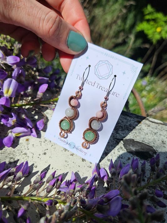 Copper 'Meander' Earrings - Pink Opal