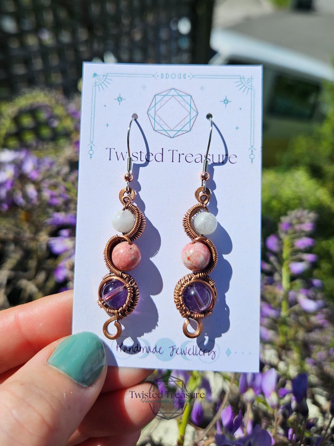Copper 'Meander' Earrings - Amethyst