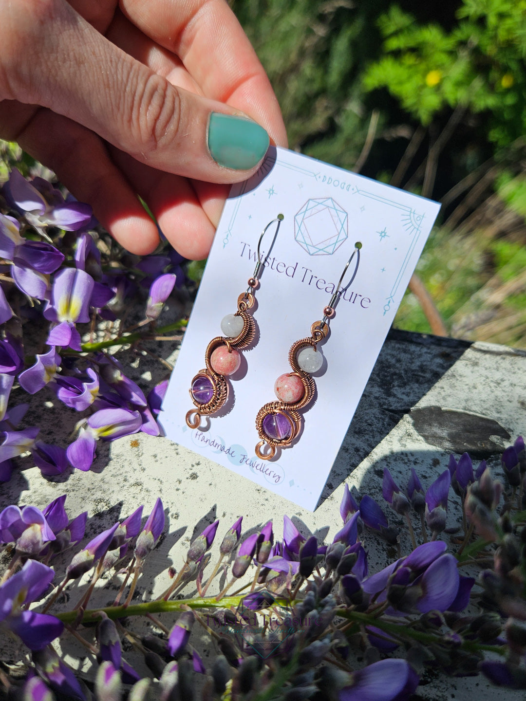Copper 'Meander' Earrings - Amethyst