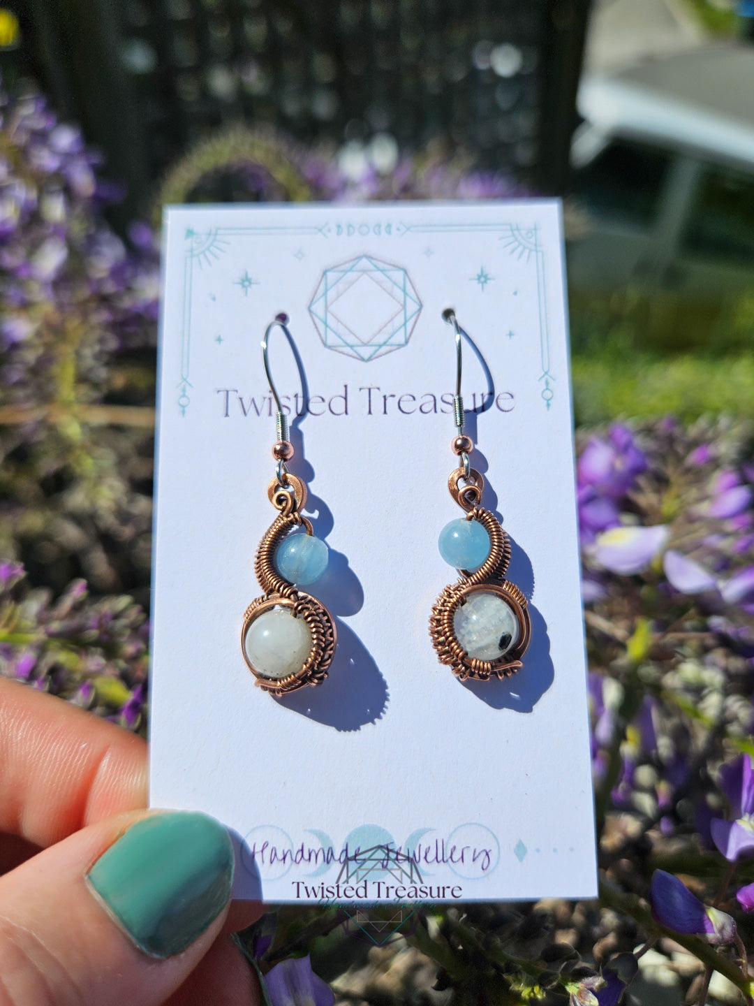 Copper 'Phase' earrings - Aquamarine & Moonstone