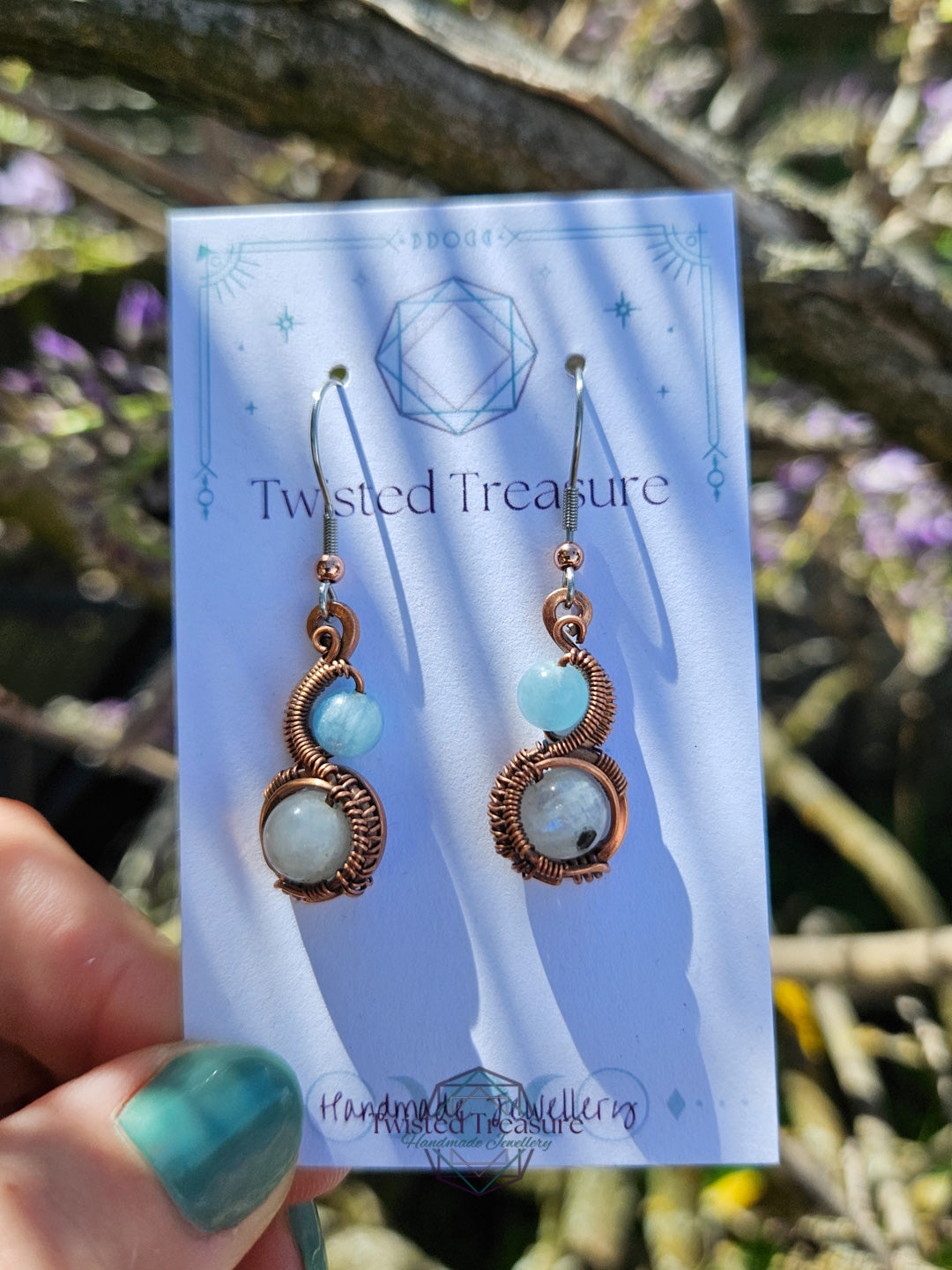 Copper 'Phase' earrings - Aquamarine & Moonstone