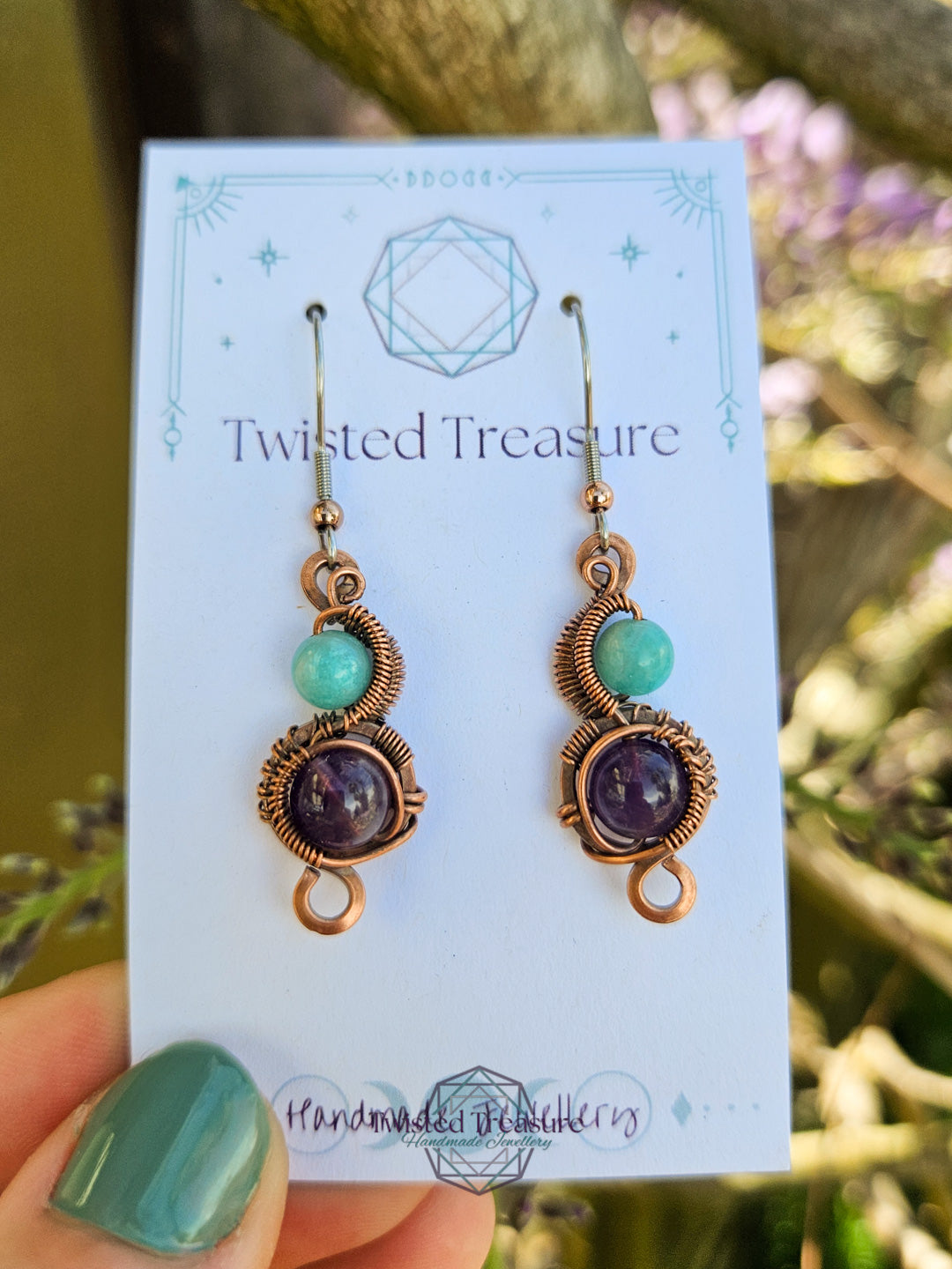 Copper 'Phase' earrings - Amazonite & Amethyst