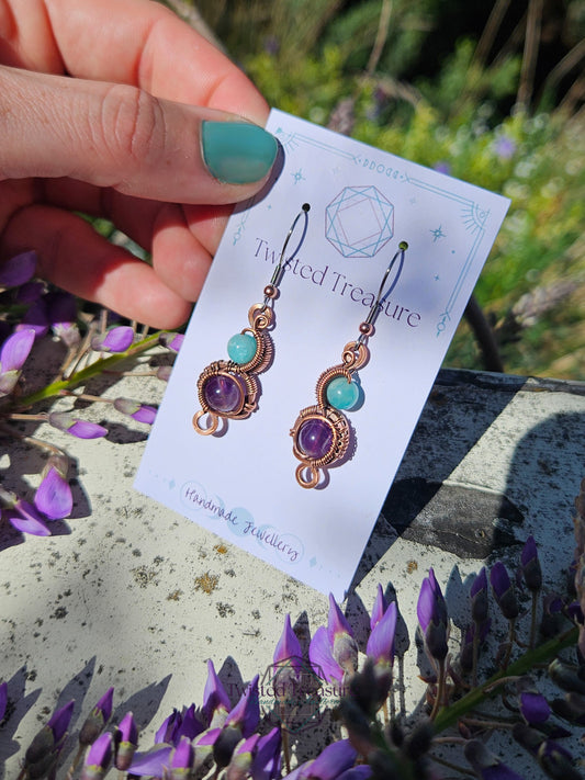 Copper 'Phase' earrings - Amazonite & Amethyst