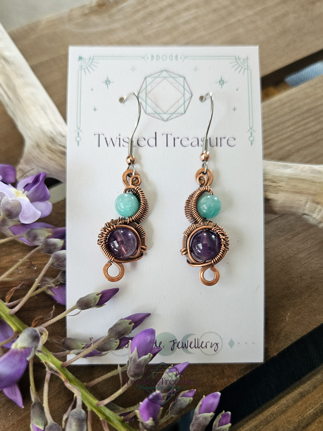Copper 'Phase' earrings - Amazonite & Amethyst