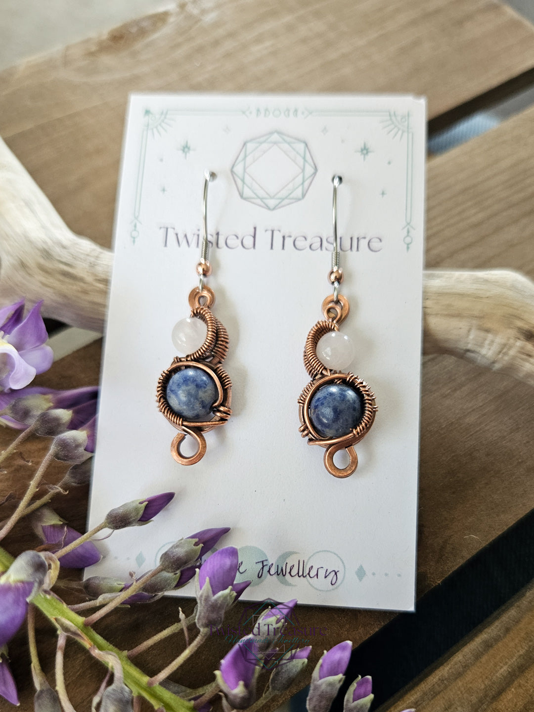 Copper 'Phase' earrings -Rose Quartz & Sodalite
