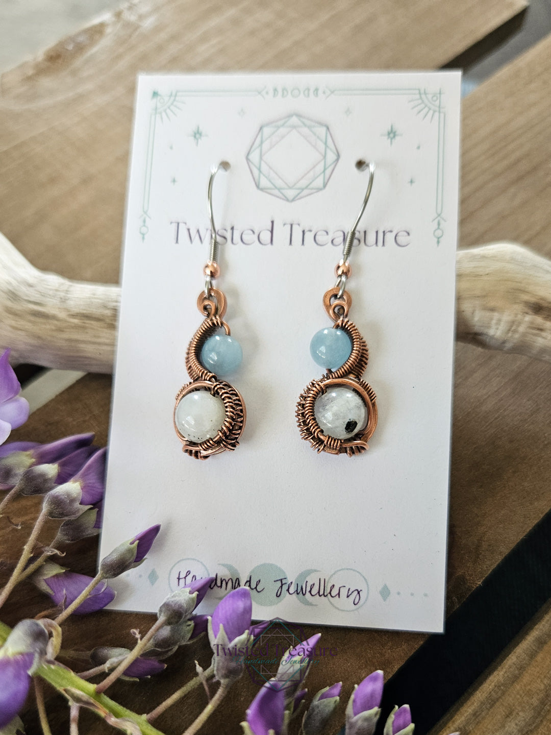 Copper 'Phase' earrings - Aquamarine & Moonstone