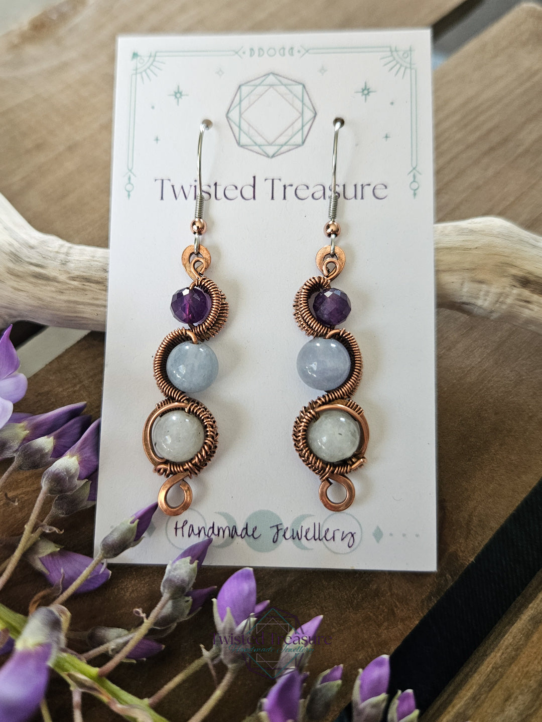 Copper 'Meander' Earrings - Moonstone
