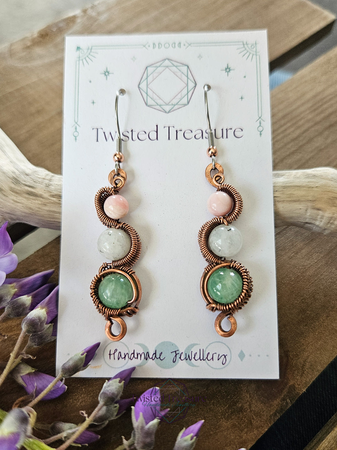 Copper 'Meander' Earrings - Pink Opal