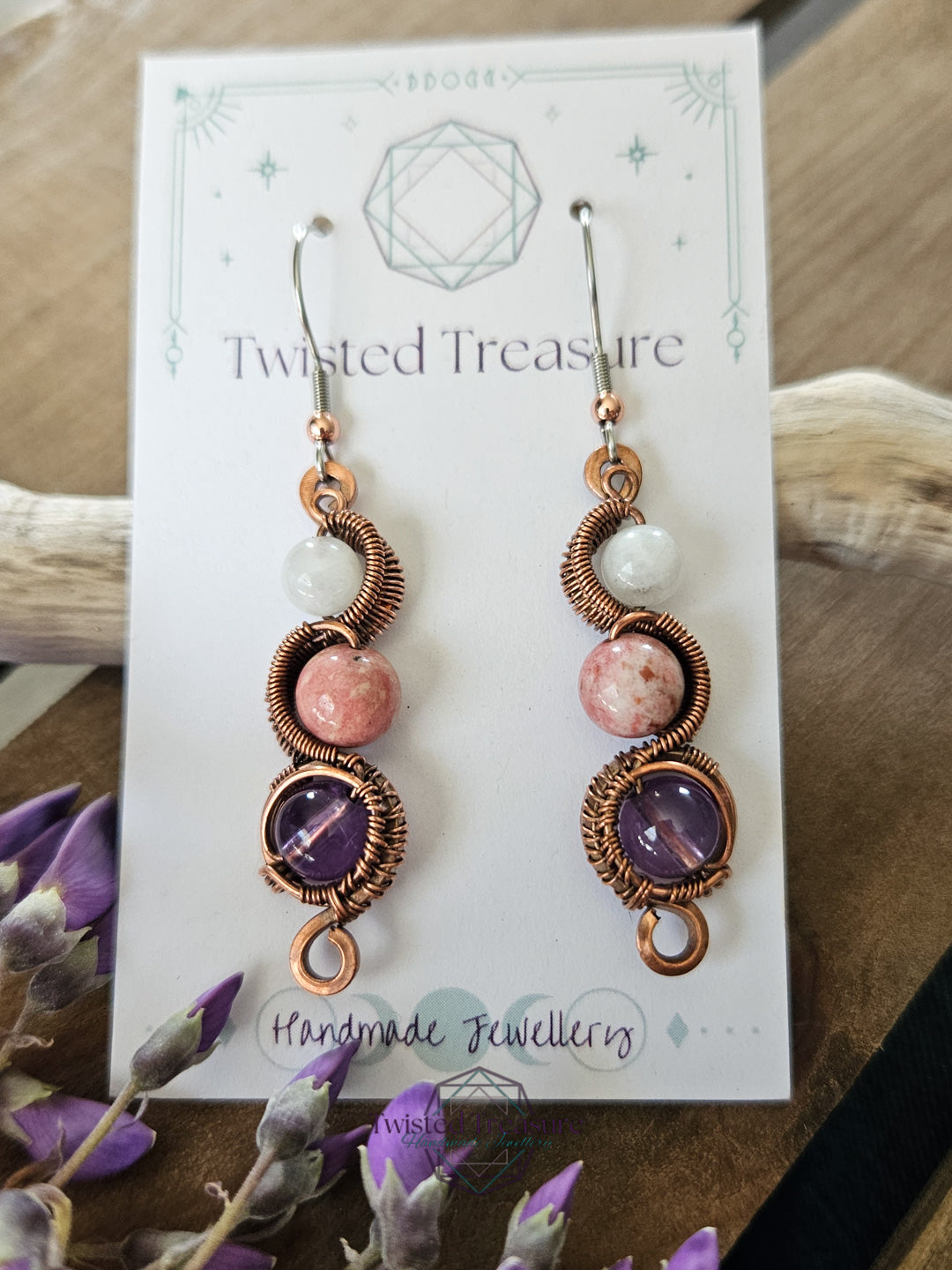 Copper 'Meander' Earrings - Amethyst