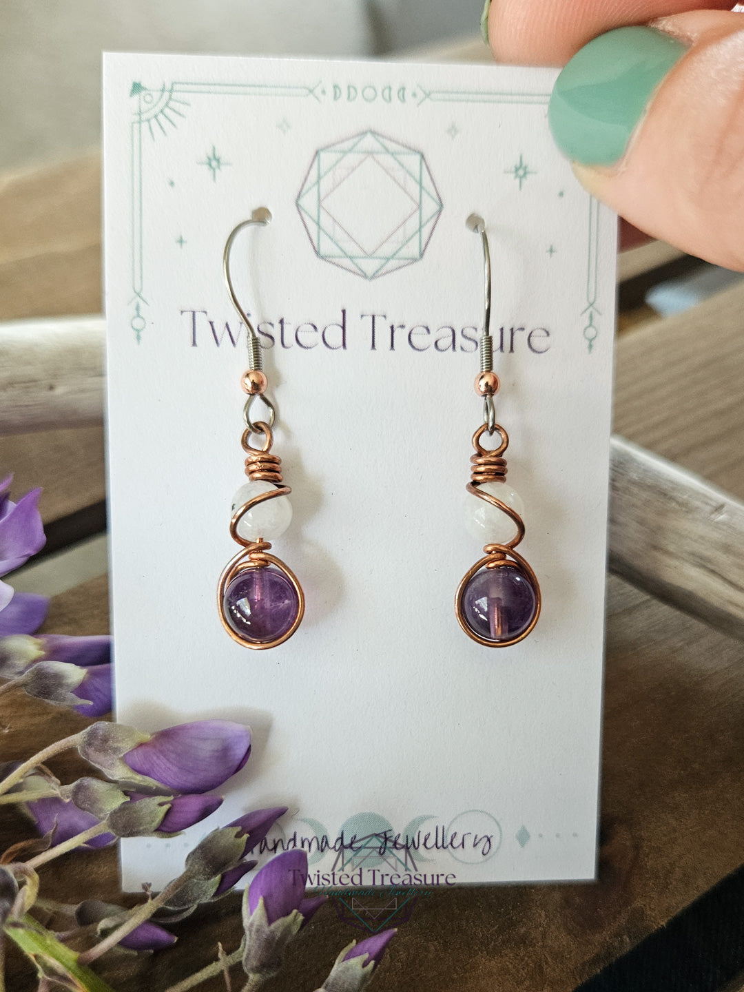 Copper 'Alchemy' Earrings - Moonstone & Amethyst