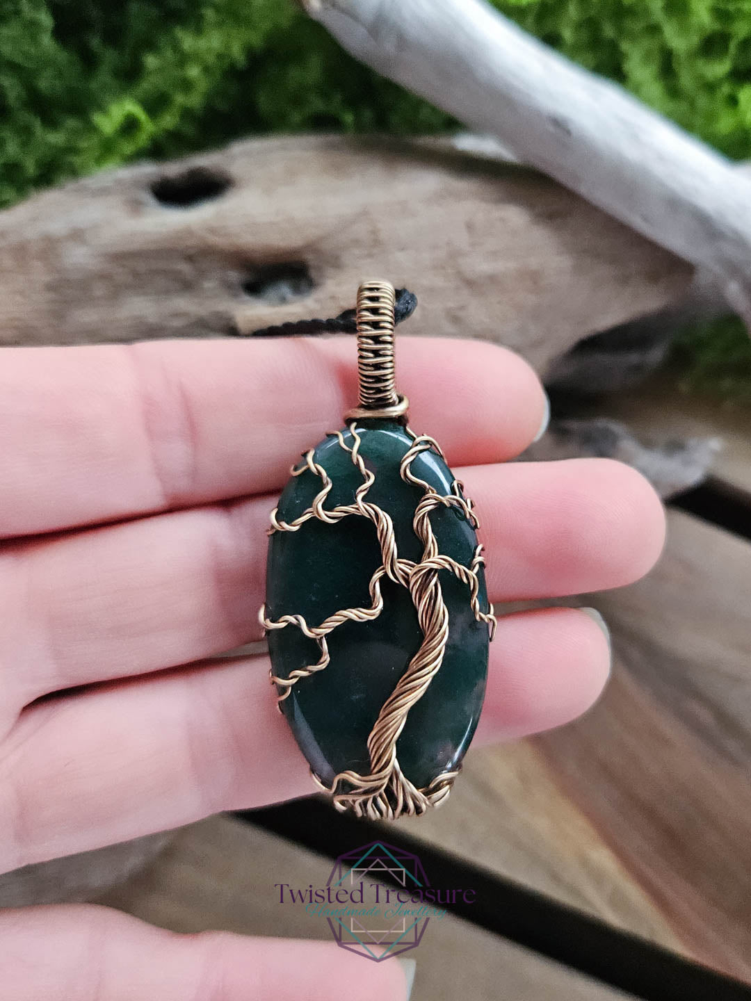 Moss Agate and Bronze Tree Necklace