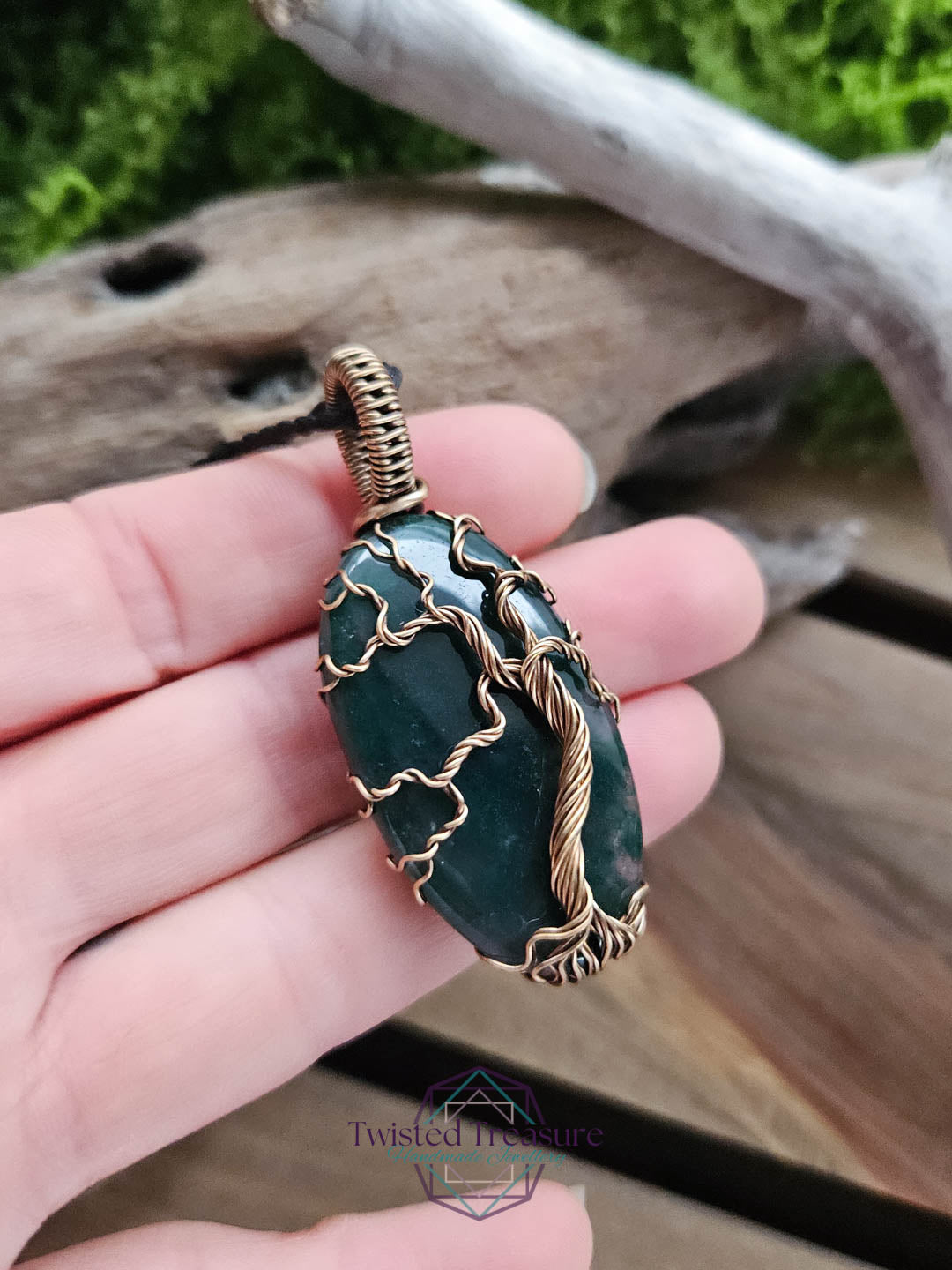 Moss Agate and Bronze Tree Necklace