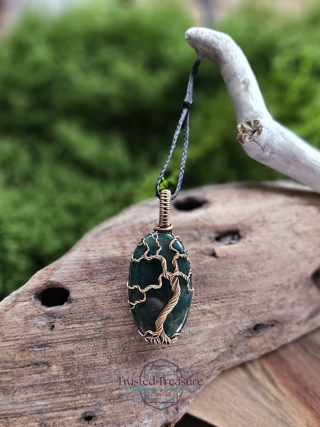 Moss Agate and Bronze Tree Necklace