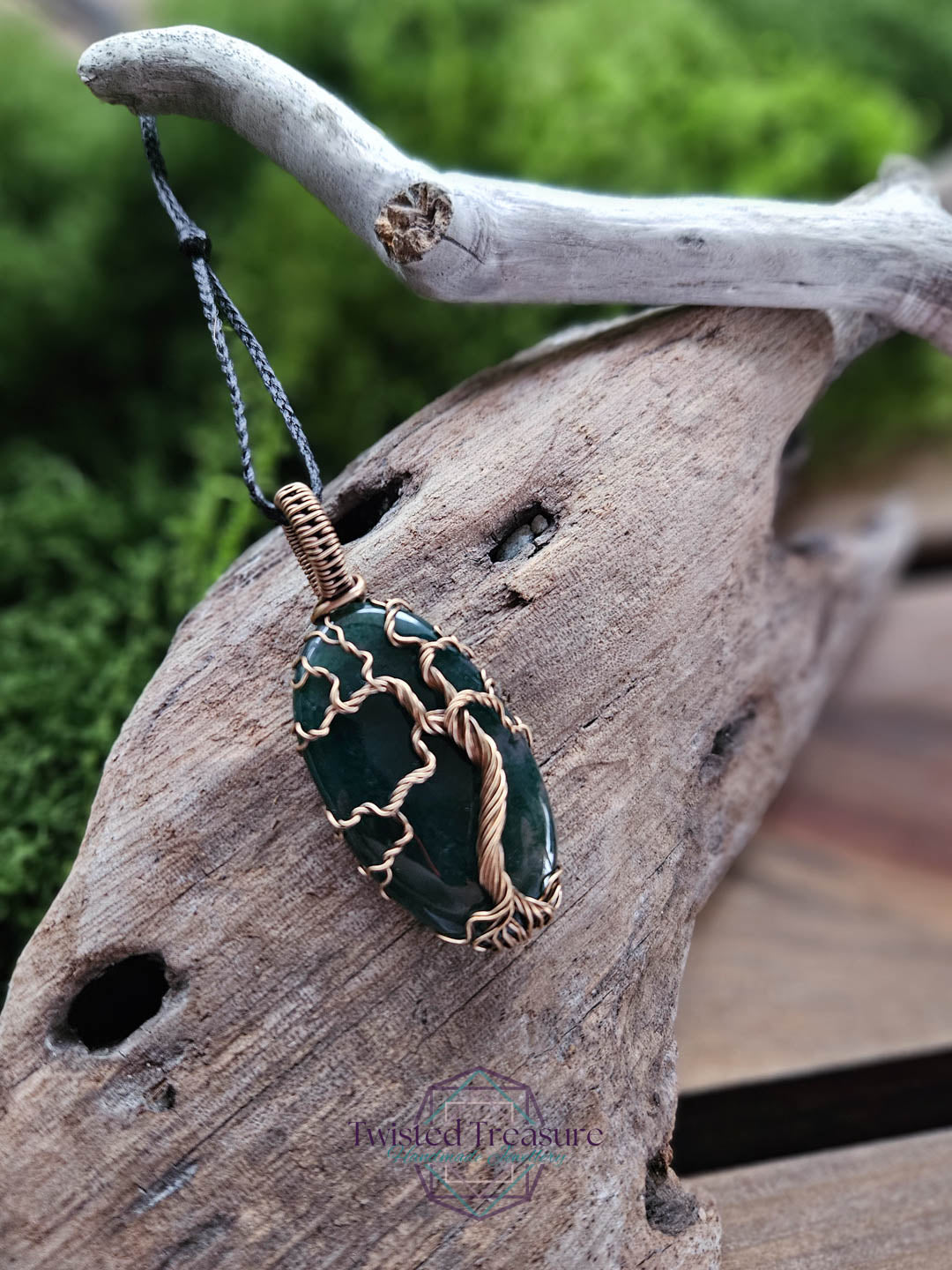 Moss Agate and Bronze Tree Necklace
