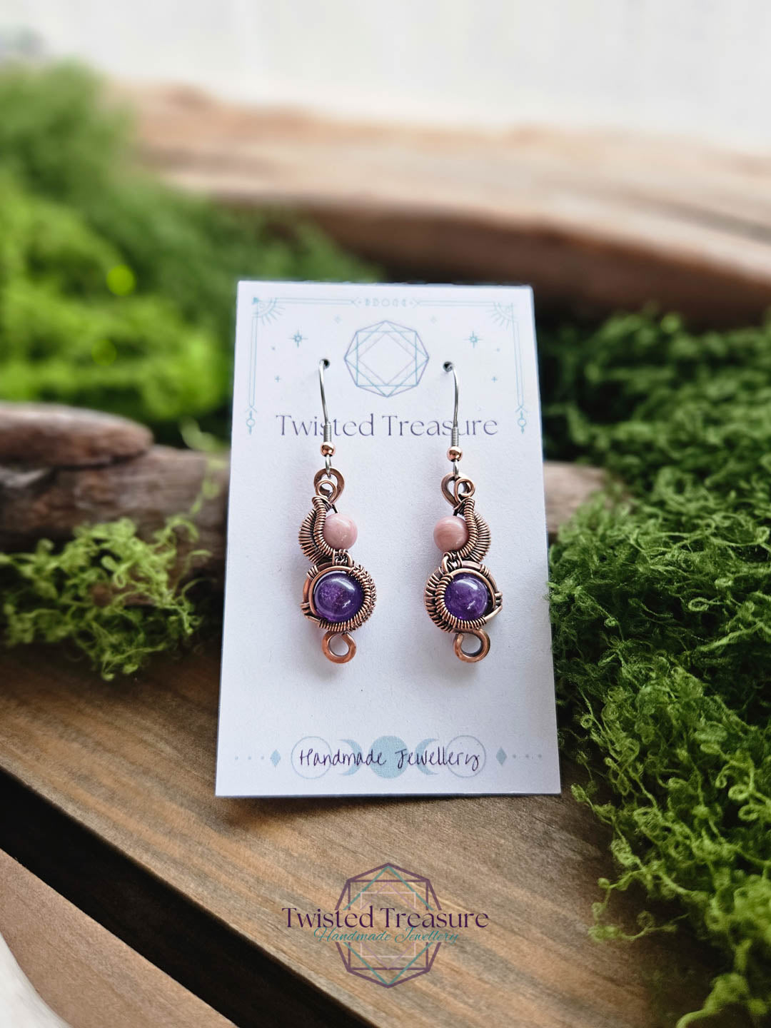 Copper Phase Earrings - Rhodonite & Amethyst
