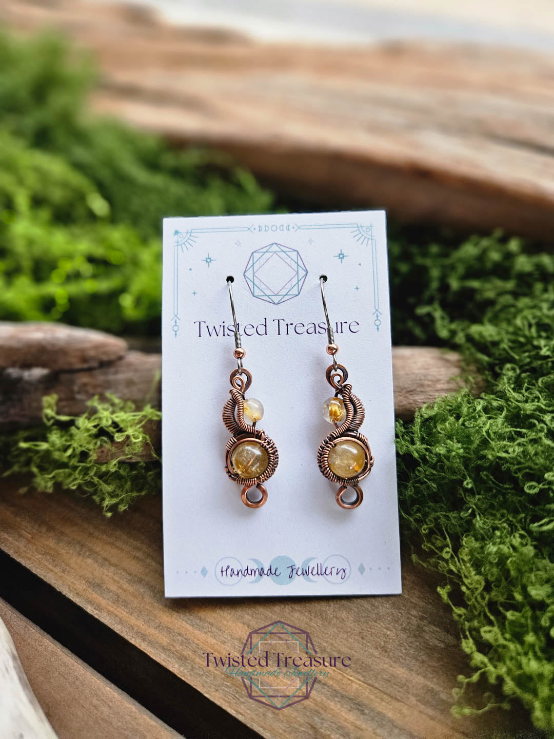 Copper Phase Earrings - Rutile Quartz & Citrine